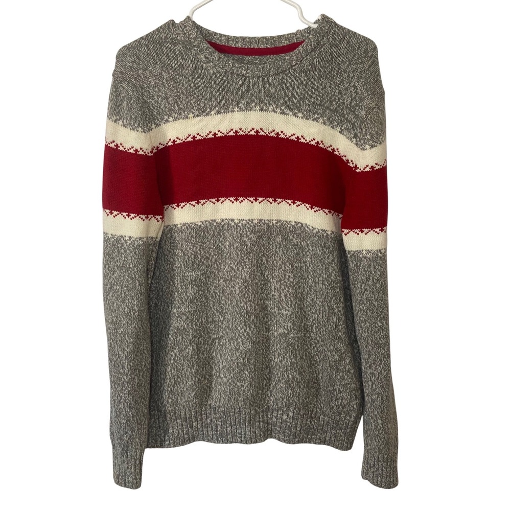 St Johns Bay Mens Large Gray Red White Striped Crewneck Knit Sweater Pullover
